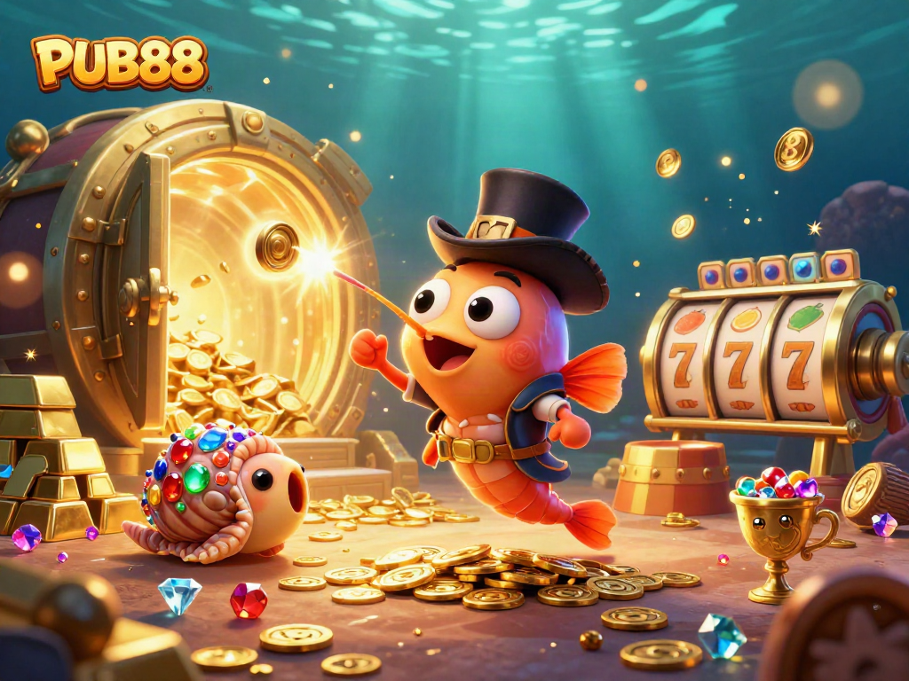 PUB88 showcases a vibrant underwater scene with an anglerfish, shrimp, and treasure snail illuminating slot gaming excitement.