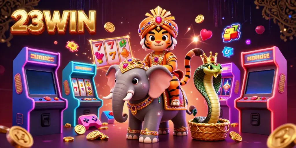 Experience the vibrant energy of 23WIN's casino with animated characters and gaming elements.