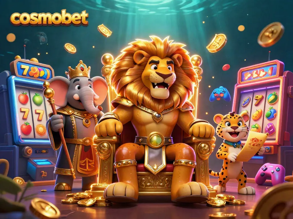 Engage with Cosmobet's vibrant casino atmosphere featuring a lion king, elephant advisor, and cheetah messenger.
