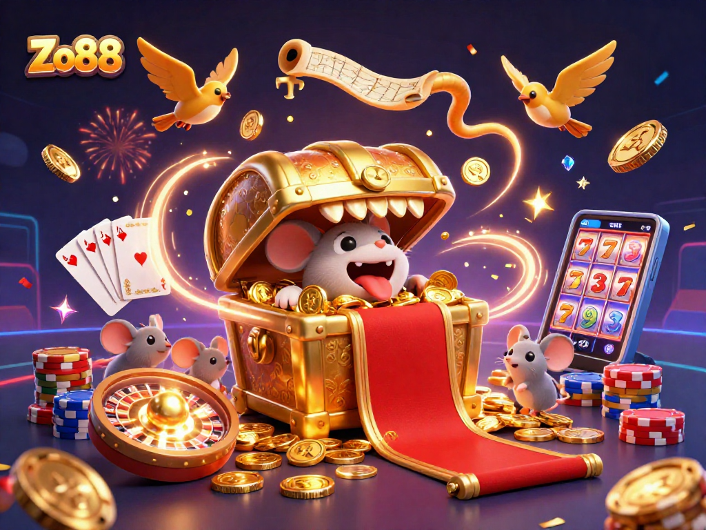 Experience exciting gameplay at Zo88 with a captivating golden treasure chest enticing players amidst sparkling elements.