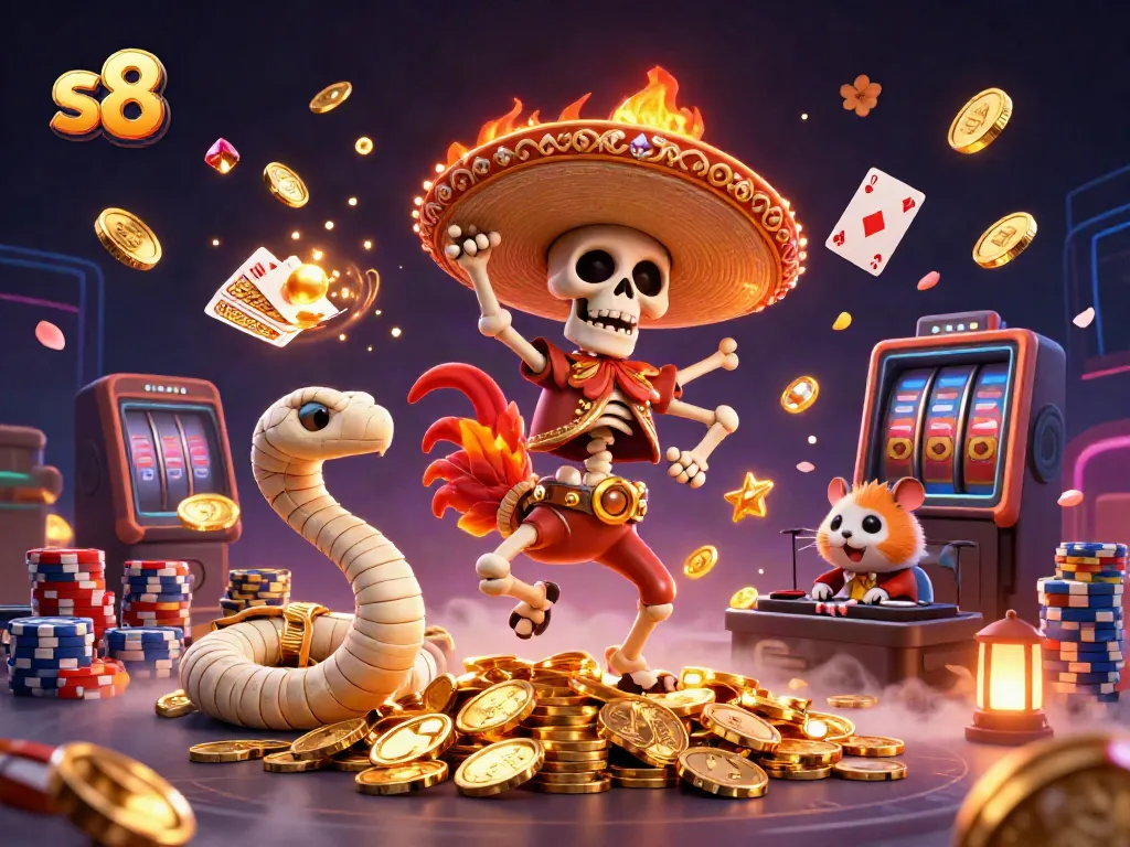 S8 showcases gaming excitement with vibrant characters amidst a cascade of gaming elements and sparkling treasures.