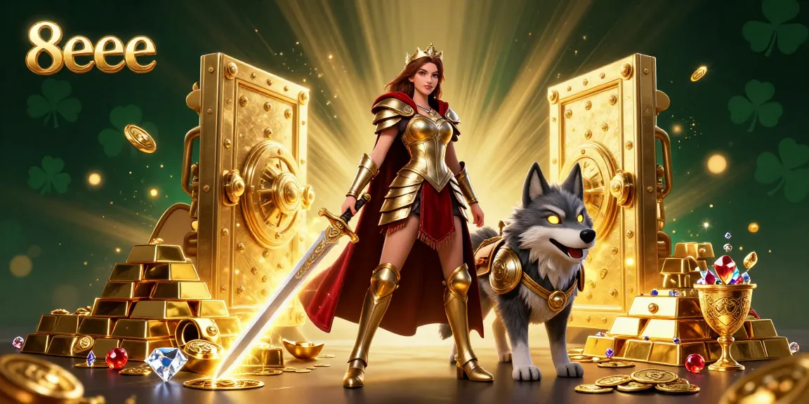 8eee player wins big in an ultra-detailed casino illustration with treasures and sparkling gold.