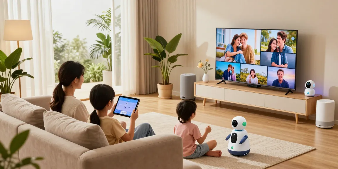 Family interacting with smart home gadgets in a cozy living room.
