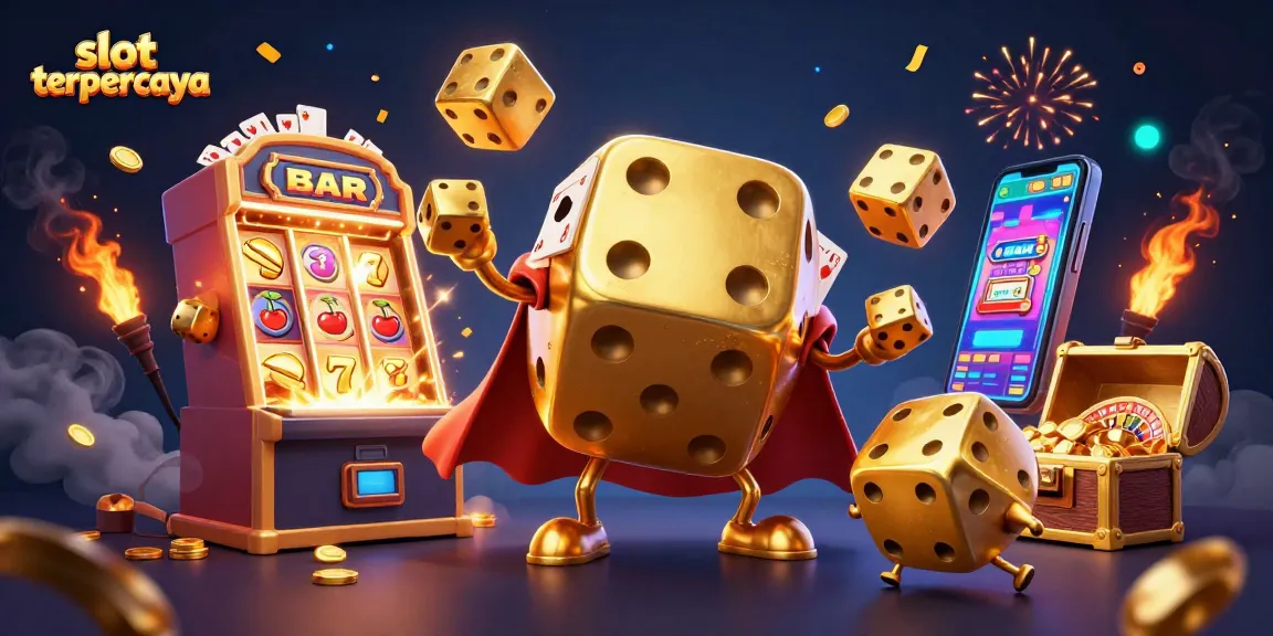 Engage with slot terpercaya through an exciting 3D cartoon casino scene featuring golden dice and jackpot elements.