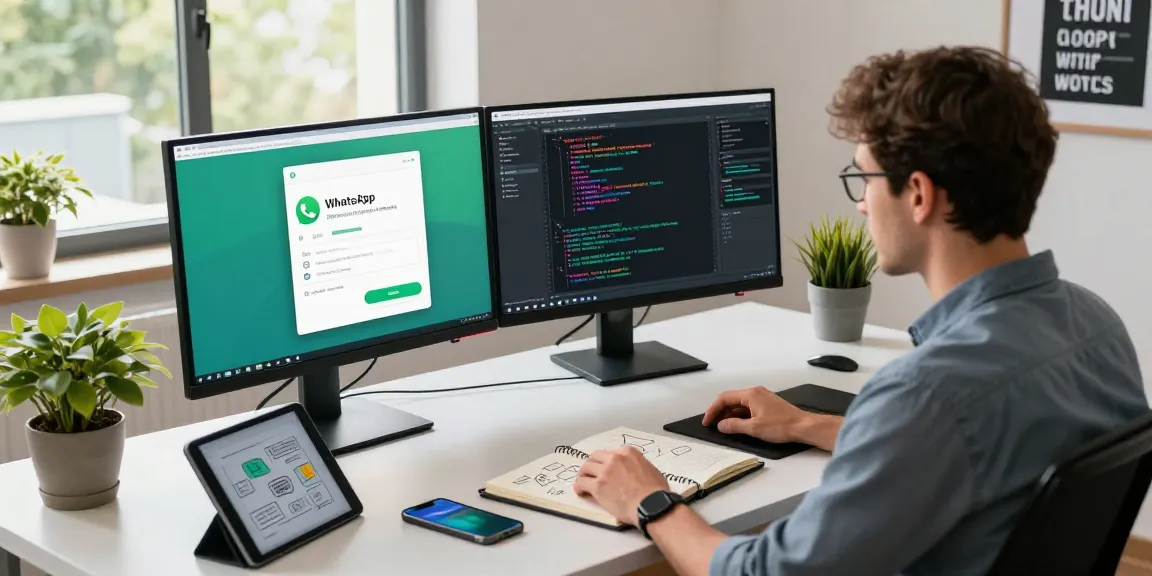WhatsApp下載 screen displayed on dual monitors in a modern tech workspace, showcasing productivity with gadgets around.