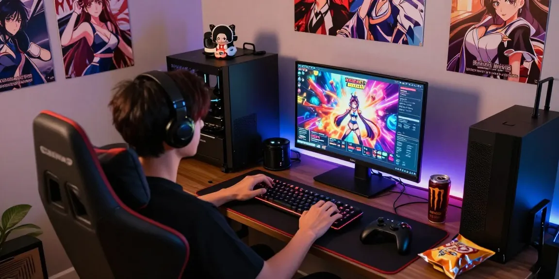 Engaged gamer enjoying hentai games html on a colorful gaming setup with ambient lighting and visual novel posters.