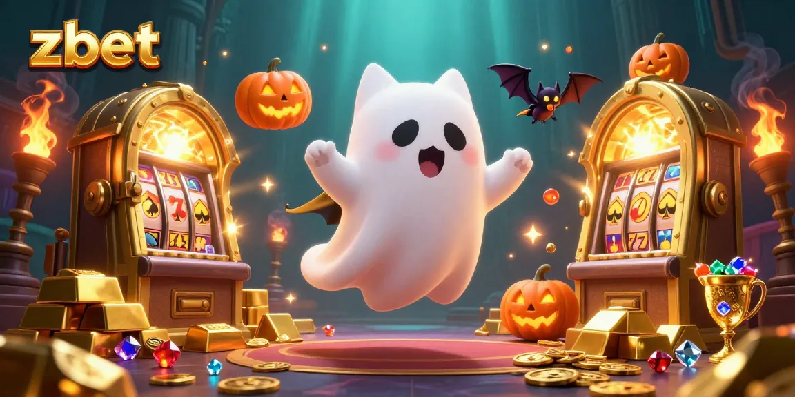 Experience thrilling wins at zbet with a lively 3D scene featuring a ghost cat and bat in a haunted casino.