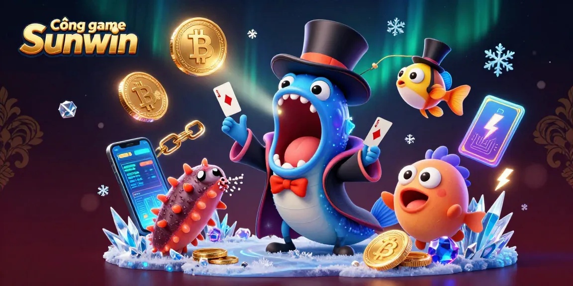 Cổng game Sunwin features a bioluminescent eel magician performing tricks among crypto elements in a vibrant underwater scene.