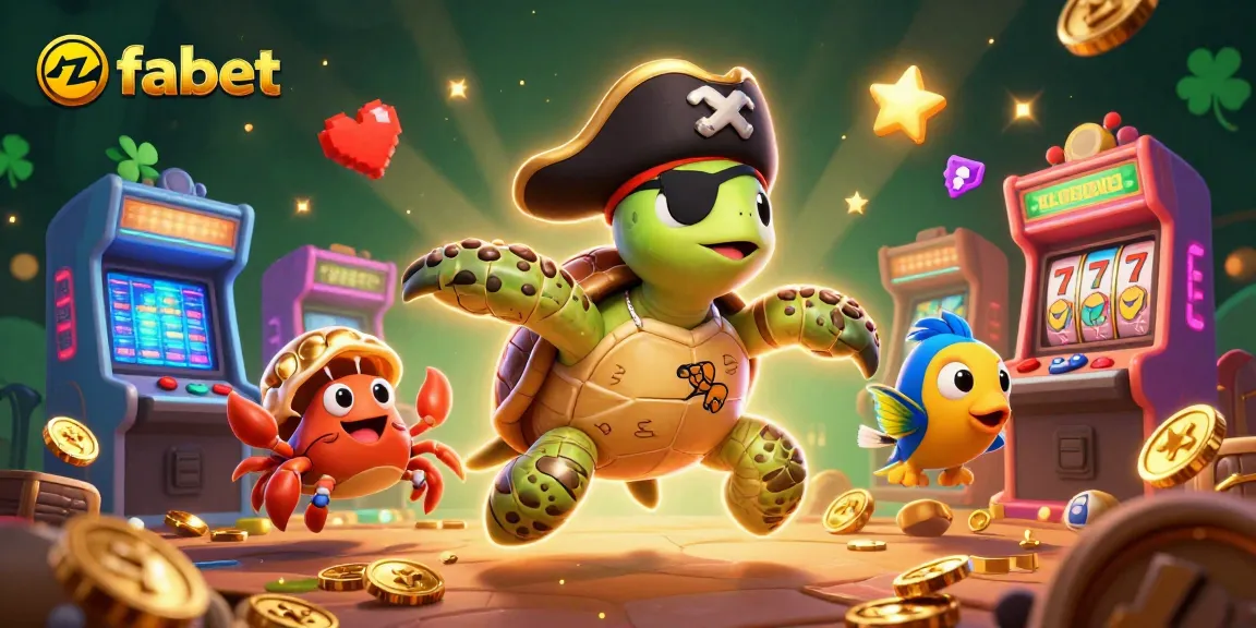 Engage with fabet's vibrant 3D casino scene featuring a pirate turtle, hermit crab, and parrotfish amidst slot reels and gold coins.