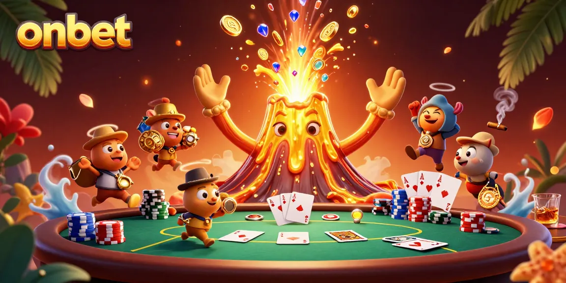 Experience vibrant gaming action at onbet with a majestic volcano erupting treasures.
