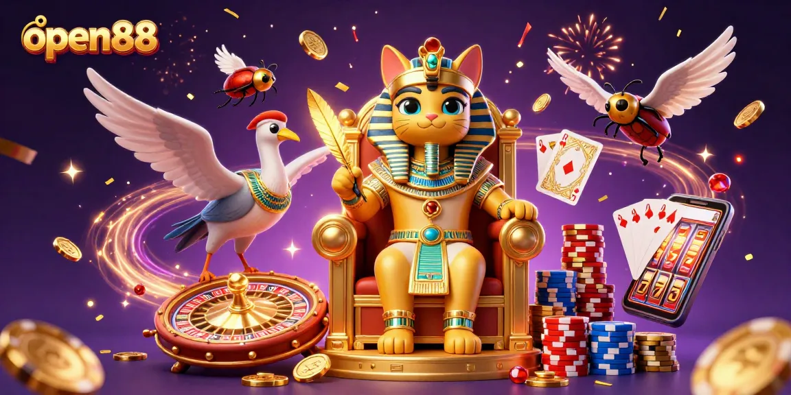 Engage with open88's vibrant online gaming world featuring a pharaoh cat enthroned among glittering casino elements.