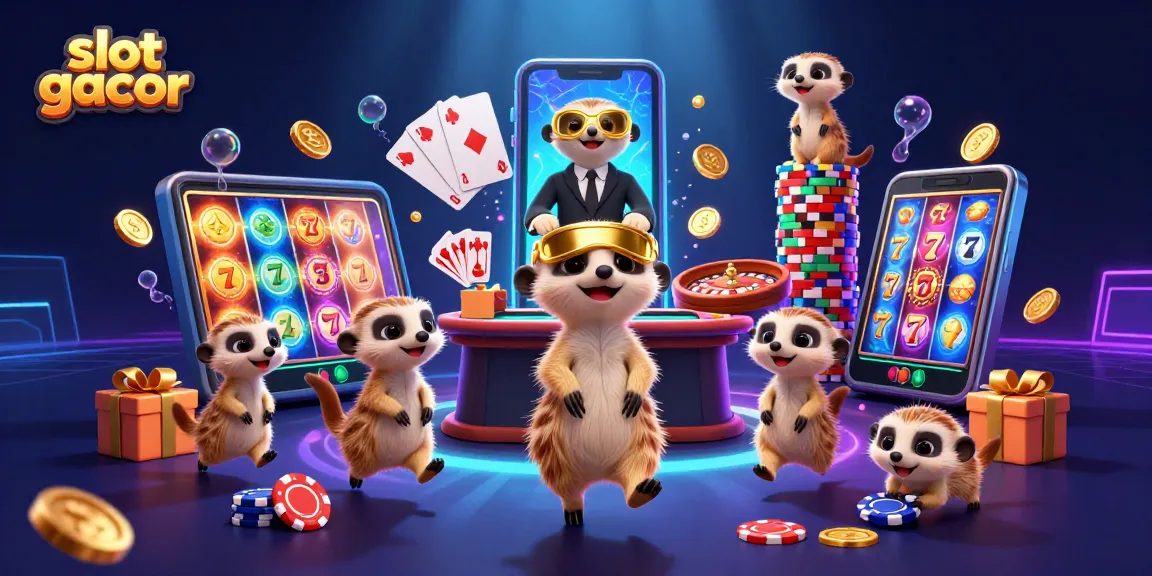 Slot gacor dengan meerkat menjalankan kasino, ponsel dan koin emas berkilauan.