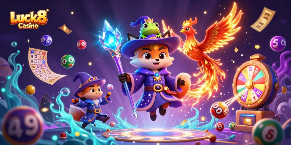 Experience the thrilling world of Luck8 Casino with an enchanting wizard fox and phoenix in a vibrant lottery scene.