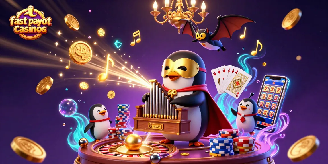 Experience fast payout casinos illustrated by a penguin playing an organ shooting coins in a vibrant 3D scene.