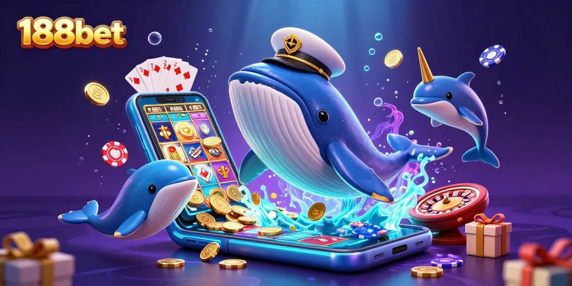 Engage with 188bet's vibrant casino illustration featuring a whimsical whale, narwhal, and dolphins, capturing the energy of online gaming.