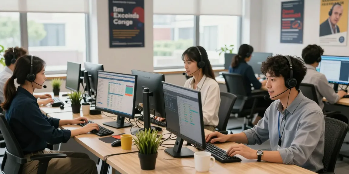 Call centre software in action with diverse team members collaborating and providing customer support in a modern office.