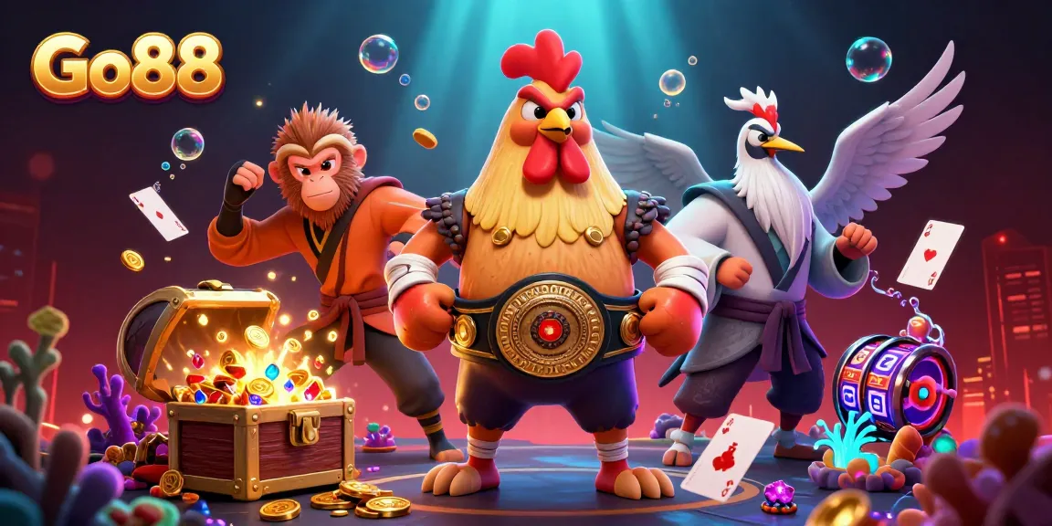 Experience thrilling games at Go88 with vibrant characters and exciting elements in this dynamic casino illustration.
