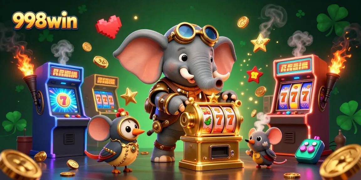 Experience 998win's vibrant steampunk-themed gaming scene with a mechanical elephant and colorful slot machines.