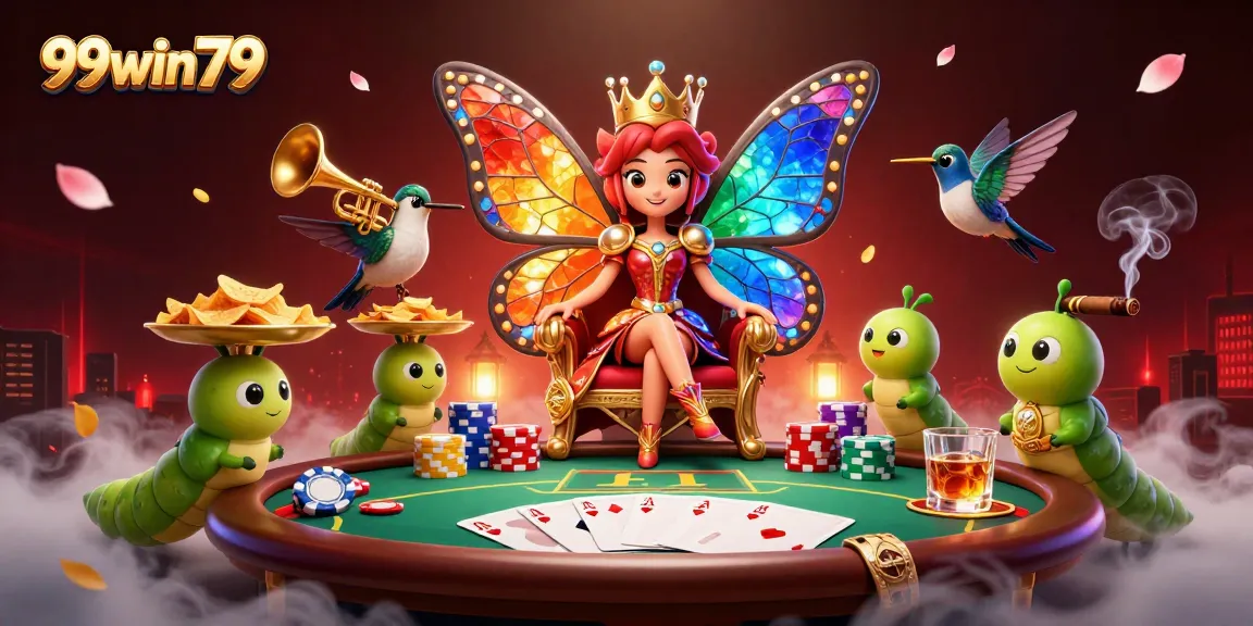 Experience thrilling poker action with 99win79's enchanting butterfly queen and vibrant casino elements.