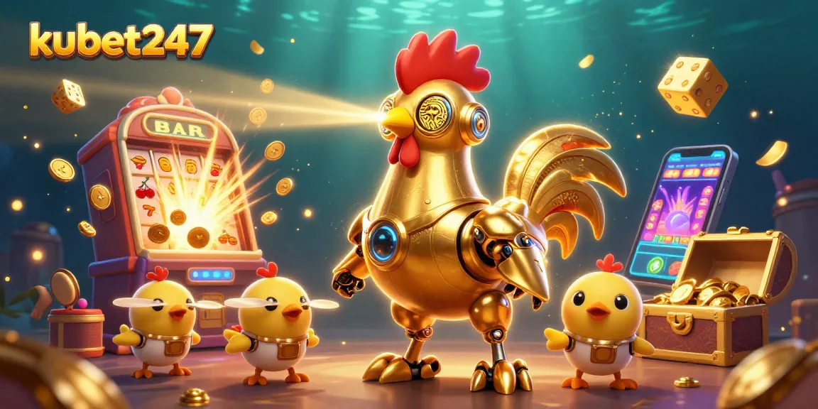 Engage with exciting gaming features at kubet247 with a vibrant 3D illustration showcasing a golden rooster robot and dynamic casino elements.