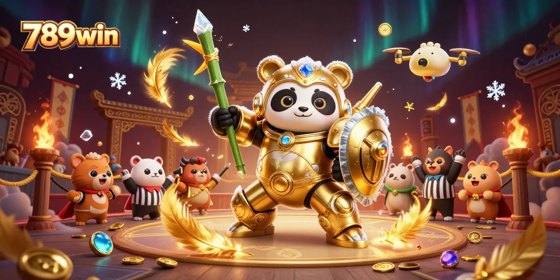 Engage in thrilling gameplay at 789win with golden panda in mech-suit ready for action in a vibrant casino arena