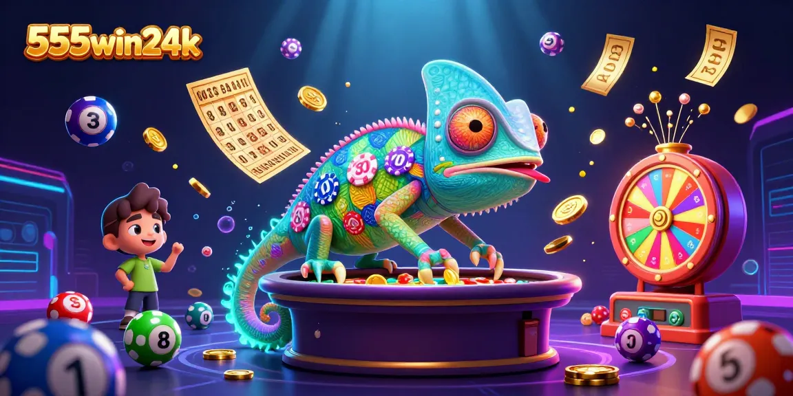Experience vibrant gaming excitement with 555win24k's chameleon casino owner surrounded by dynamic lottery elements.