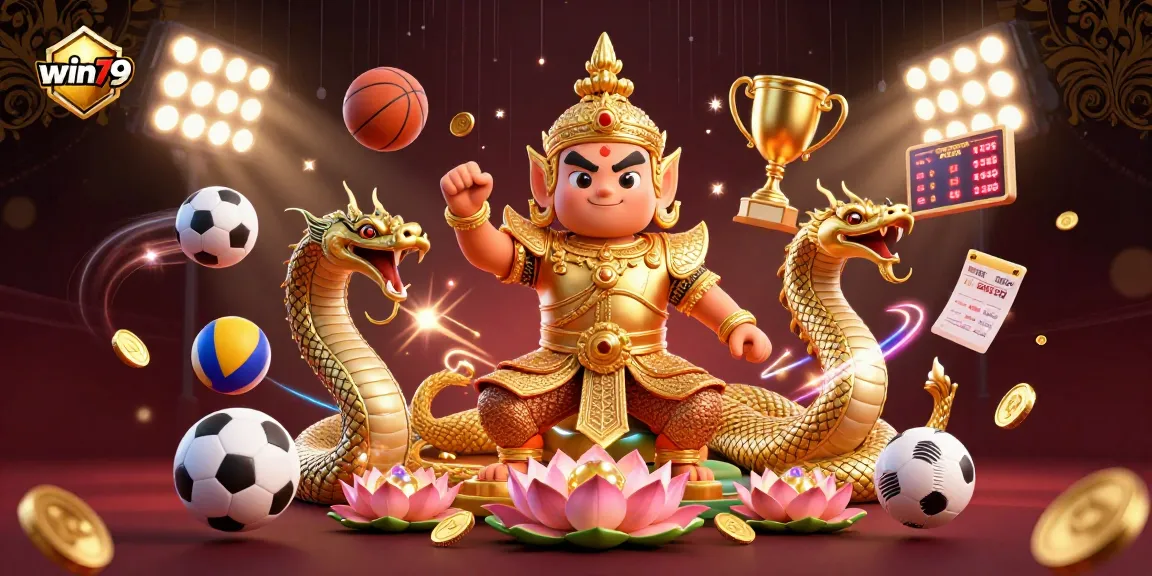 Engage with win79, featuring a vibrant 3D portrayal of a Thai guardian and sports betting elements.