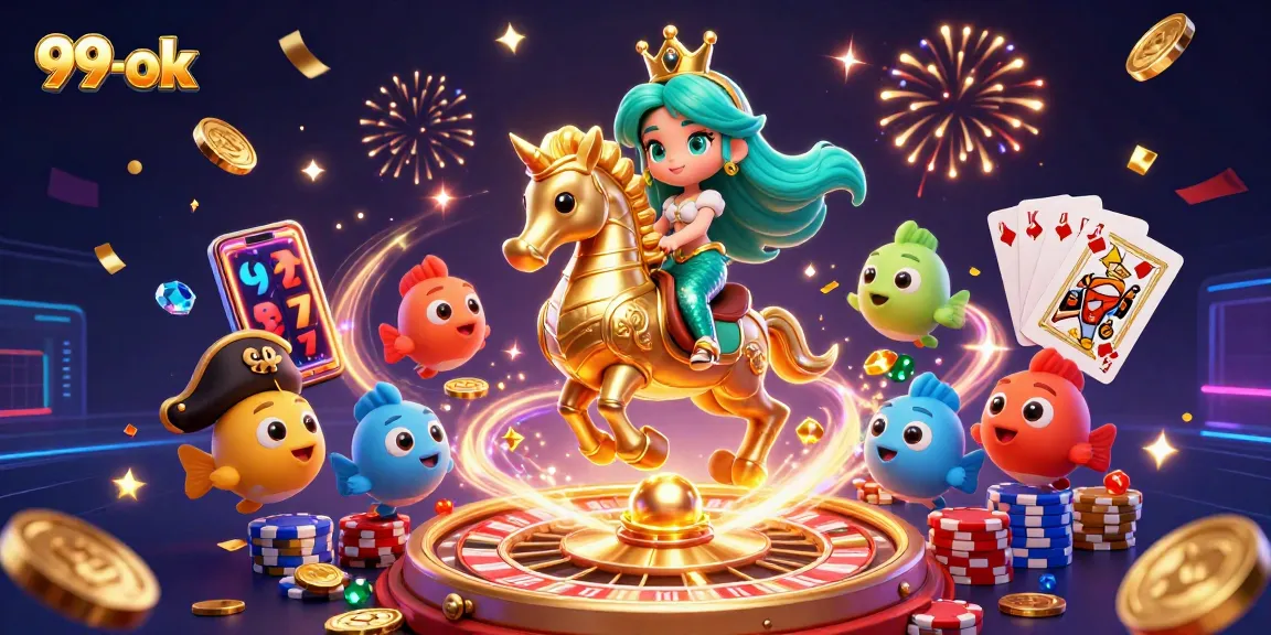 Engage with 99-ok's vibrant casino scene featuring a mermaid princess and seahorse amidst gold coins and slots.