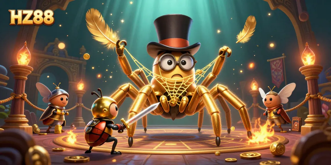 Engage with HZ88's thrilling gaming scene featuring a spider weaving fortunes in an elaborate online casino.