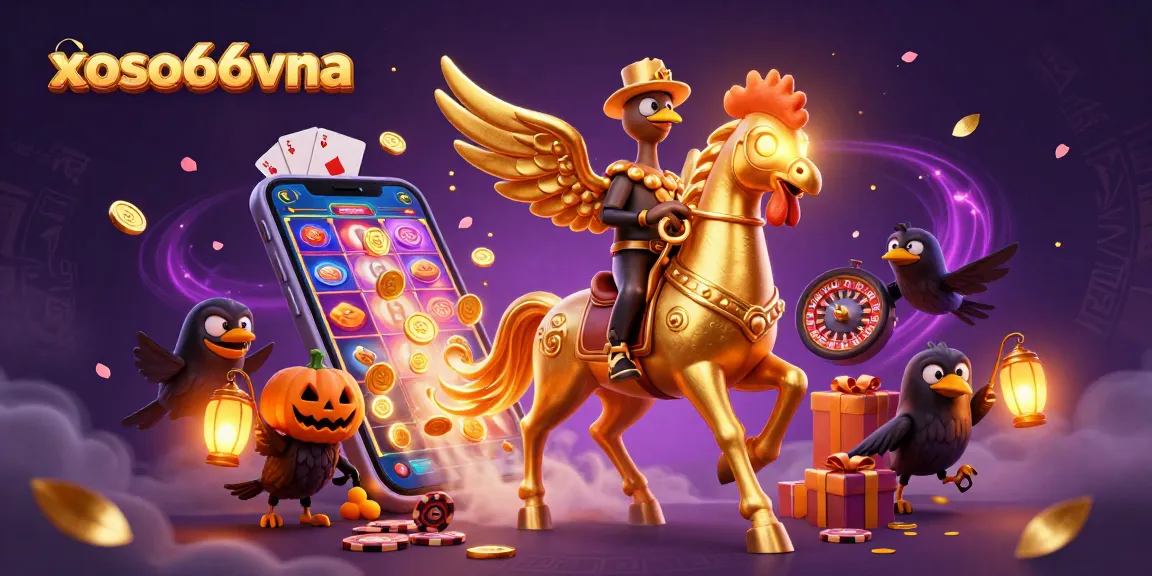 xoso66vna showcases a dynamic casino scene with a golden rooster and spectral horse.