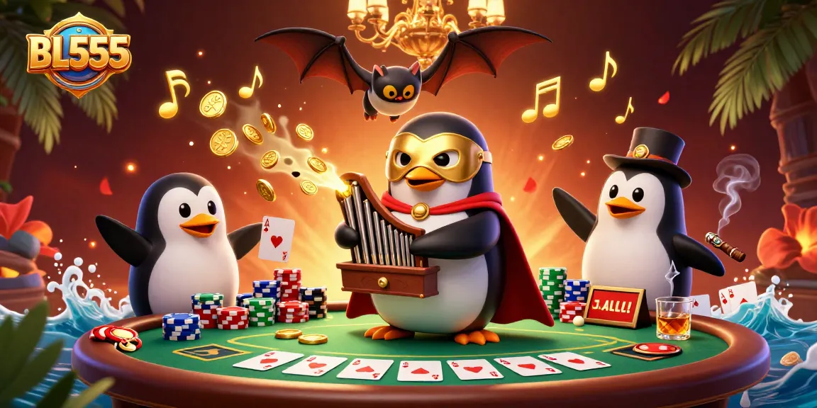 Experience the excitement of BL555 with a dynamic casino scene featuring a penguin playing an organ while gold coins rain down.