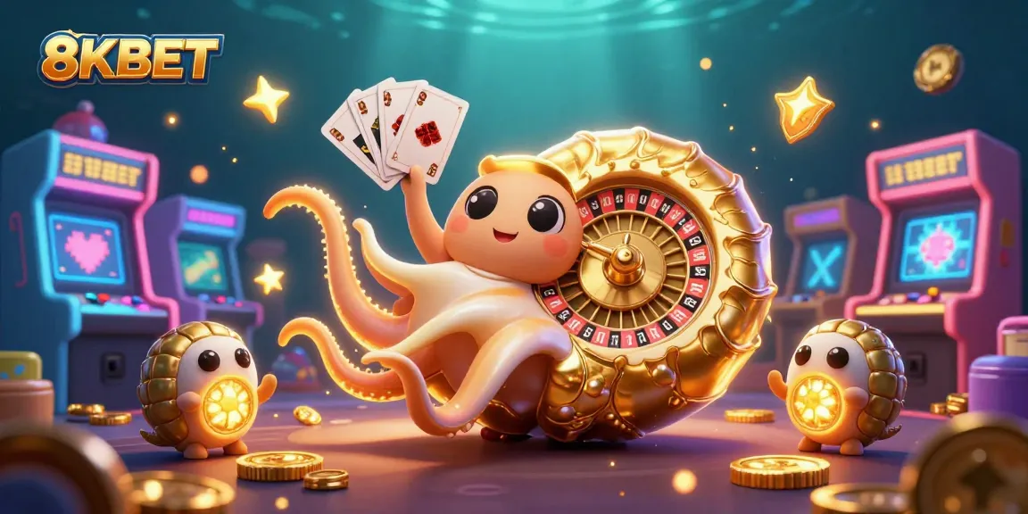 Experience the thrilling world of 8KBET with a dynamic casino scene showcasing interactive elements and cartoon characters.