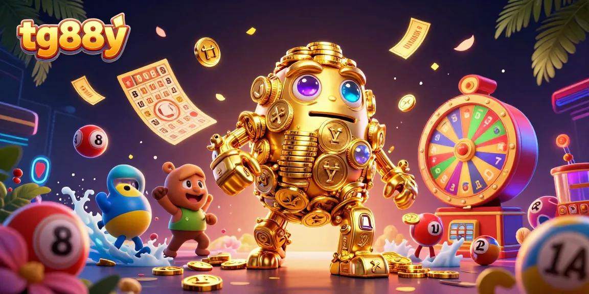 Play exciting games at tg88y with golden golem and colorful lottery elements in dynamic casino scene.