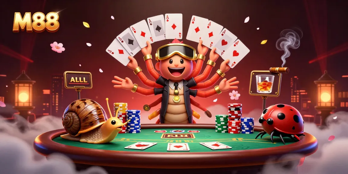 M88 fast-paced gaming scene showcasing a millipede dealer, snail high-roller, and pill bug with poker elements.