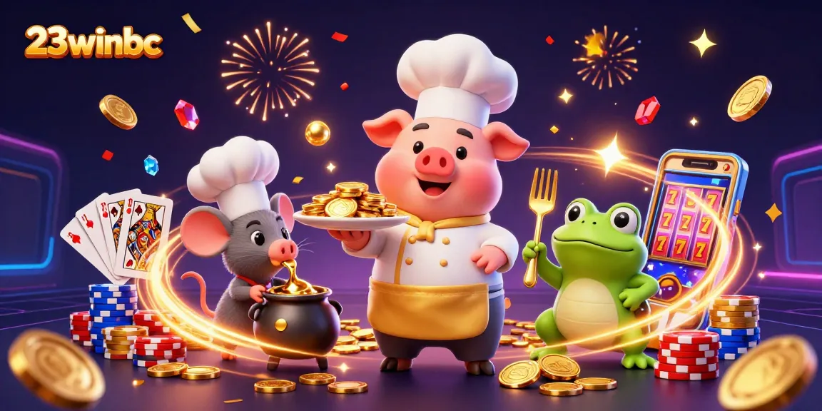Experience the excitement of 23winbc with a lively illustration featuring a chef pig serving gold coins, a mouse chef, and a frog critic amid gold coin cascades and a roulette wheel.