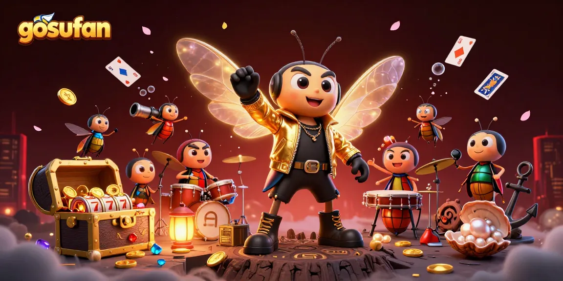 Catch the excitement at gosufan with this vibrant casino-themed illustration showcasing a rock star and treasure!