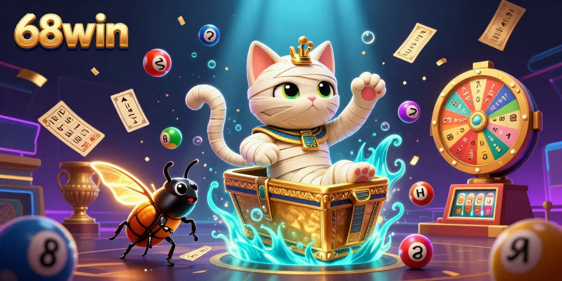 Engage with animated 68win gaming excitement featuring a mummy cat and vibrant lottery elements.