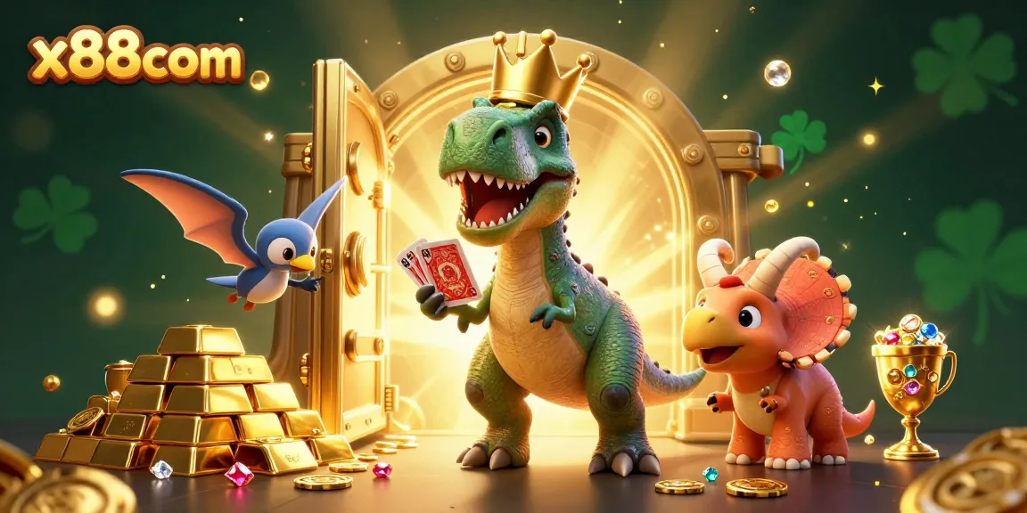 x88com showcases fun characters playing cards and stacking chips in a vibrant casino atmosphere.