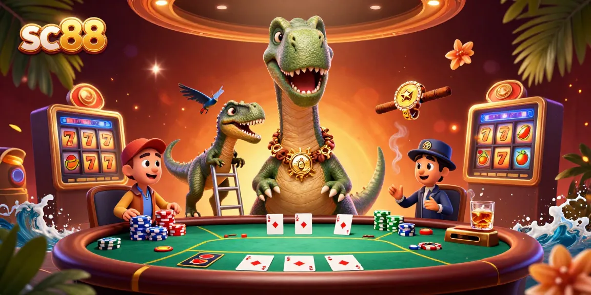 Engage with the thrilling scene featuring sc88, where a giant brontosaurus oversees the poker action, showcasing vibrant casino elements.