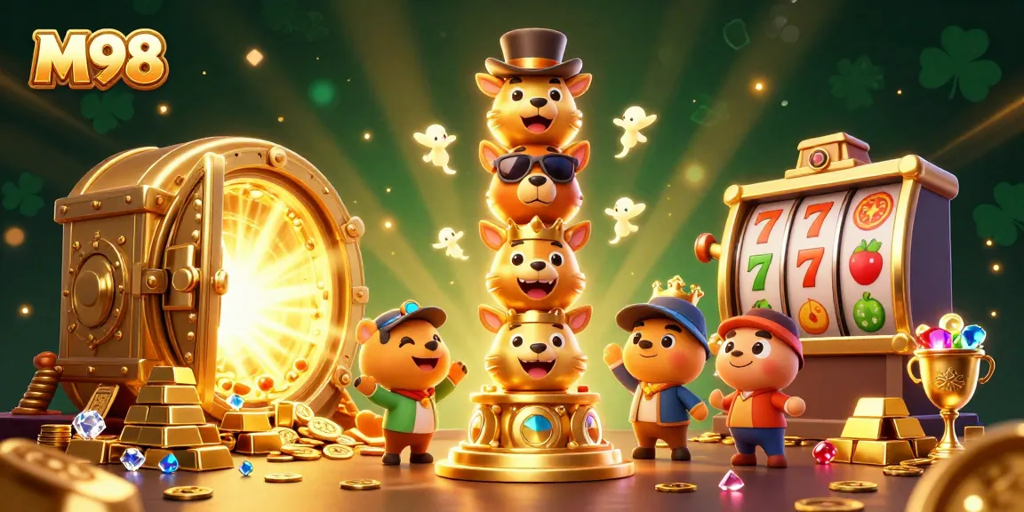 M98 casino experience highlighted with dynamic characters and gold elements for an engaging atmosphere.