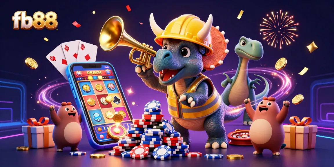 Experience the energy of fb88 with a celebration of gaming elements and characters in a vibrant scene.