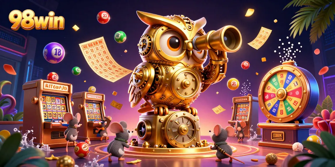 Engage with 98win's exciting gaming world with a dazzling 3D casino scene featuring dynamic lottery elements.