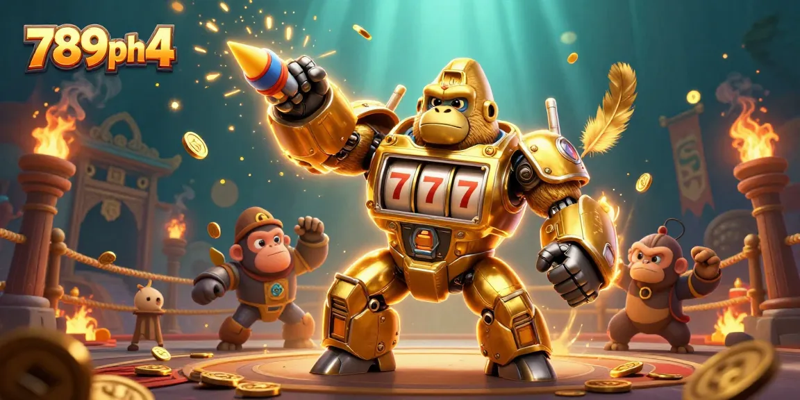 Engage with the thrilling casino world of 789ph4 featuring a dynamic 3D illustration of a golden gorilla mech.