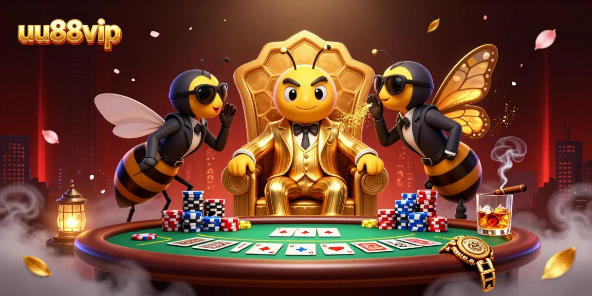 Engage with the thrilling world of gambling at uu88vip featuring a bumblebee mob boss enjoying high-stakes poker.