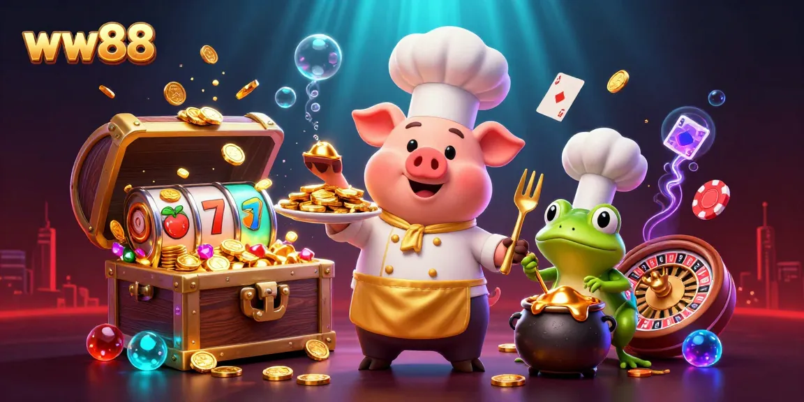 ww88 features vibrant casino action with a chef pig, sous-chef mouse, and critic frog surrounded by gold and slot machines