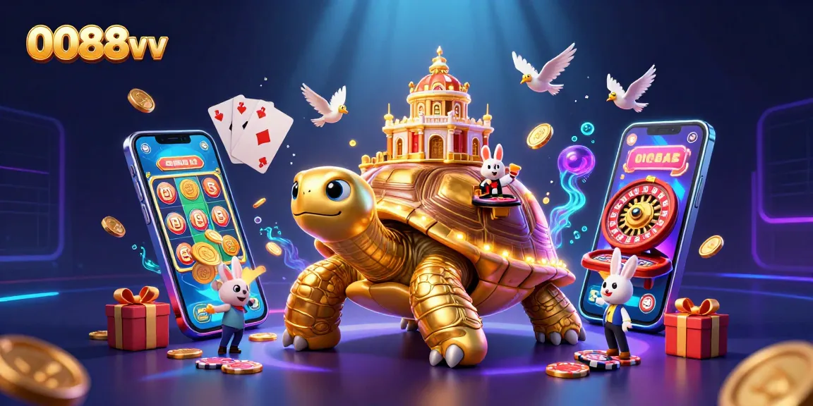 Experience exciting wins with 0088vv at the whimsical casino scene featuring vibrant characters and rich gaming elements.