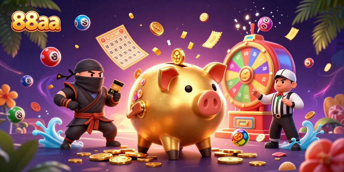 Engage with 88aa’s exciting world as a giant piggy bank shakes loose coins in a vibrant casino scene.