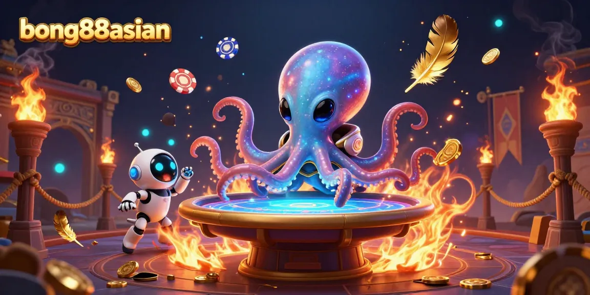 Experience excitement at bong88asian with alien octopus at a holographic poker table surrounded by cosmic visuals.