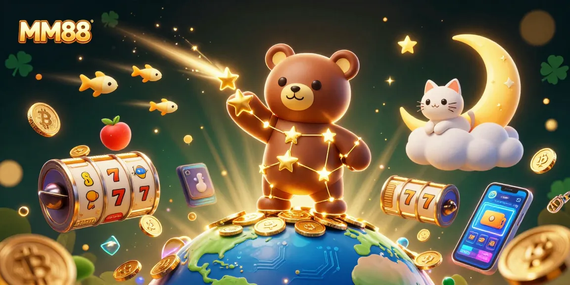 Engage with MM88's vibrant 3D casino world, featuring slots and glowing crypto coins.