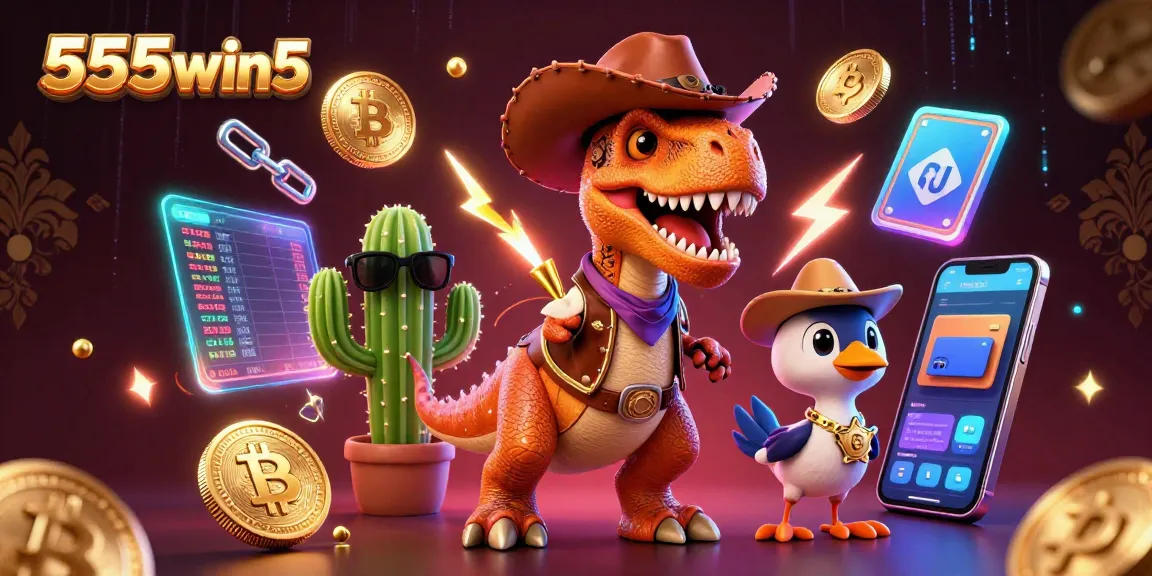 Join the fun at 555win5 with a dynamic cowboy dinosaur scene showcasing crypto elements!